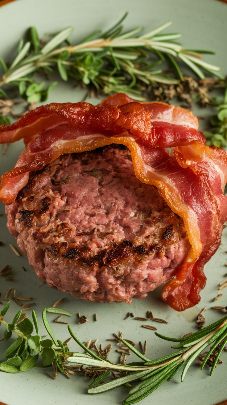 A delicious bacon-wrapped burger on a plate with fresh lettuce.