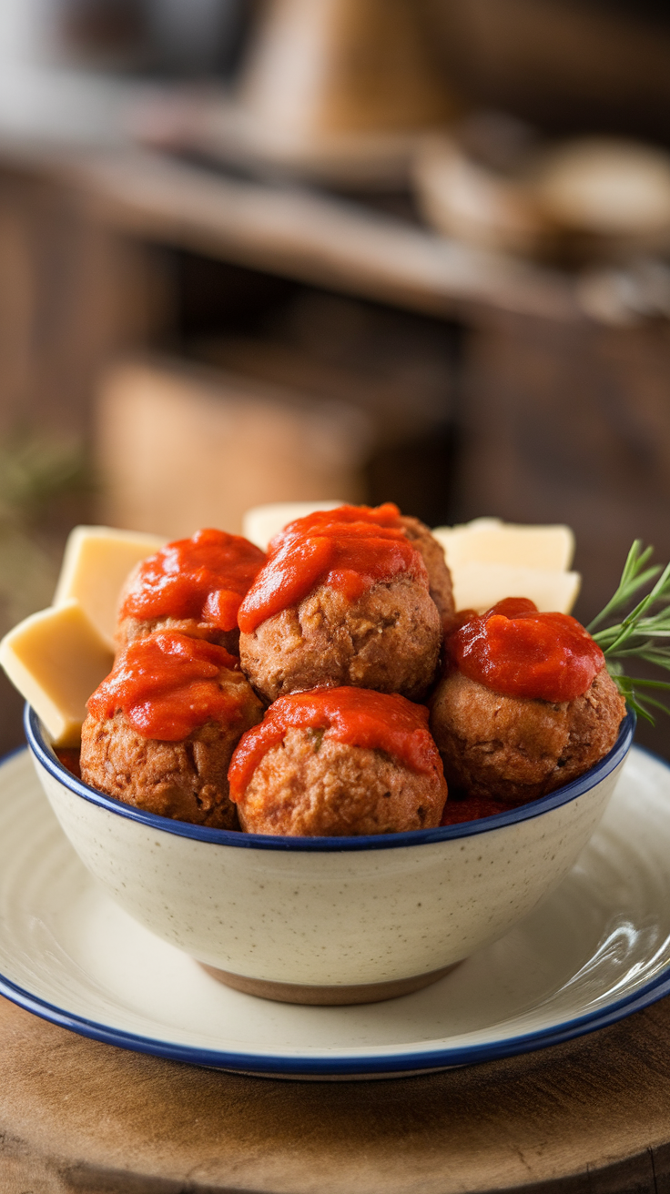 A bowl of beef and pork meatballs topped with marinara sauce, alongside slices of cheese and a sprig of rosemary.