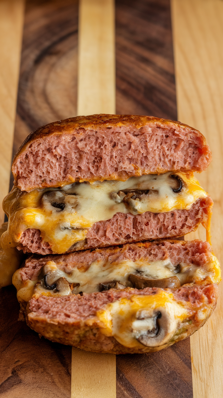 Close-up of a cheesy mushroom-stuffed burger, highlighting the juicy beef patty and melted cheese.