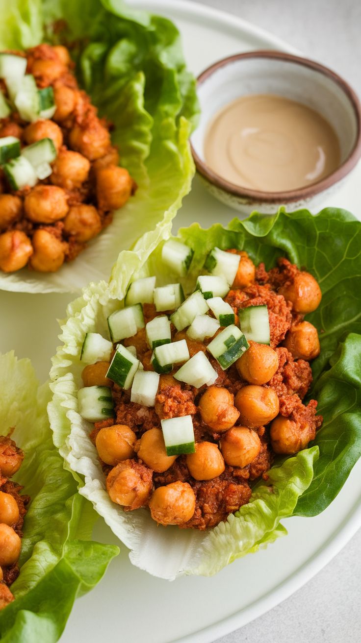 Chickpea lettuce wraps with cucumbers and a side of sauce
