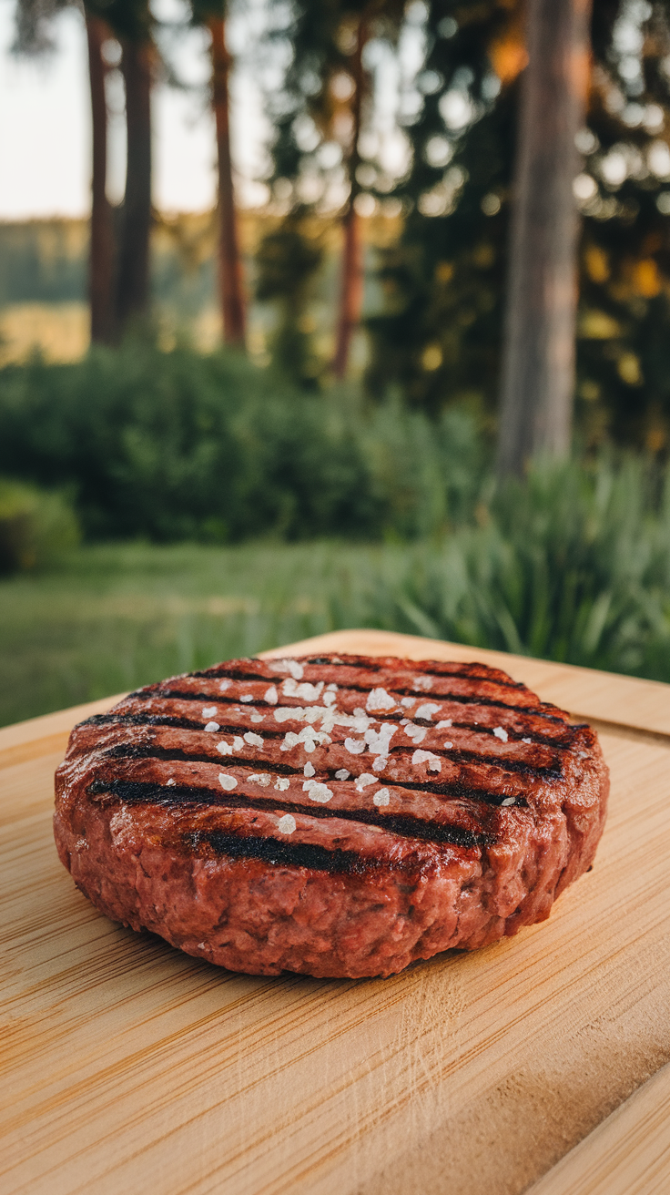 A grilled beef patty sprinkled with sea salt on a wooden cutting board