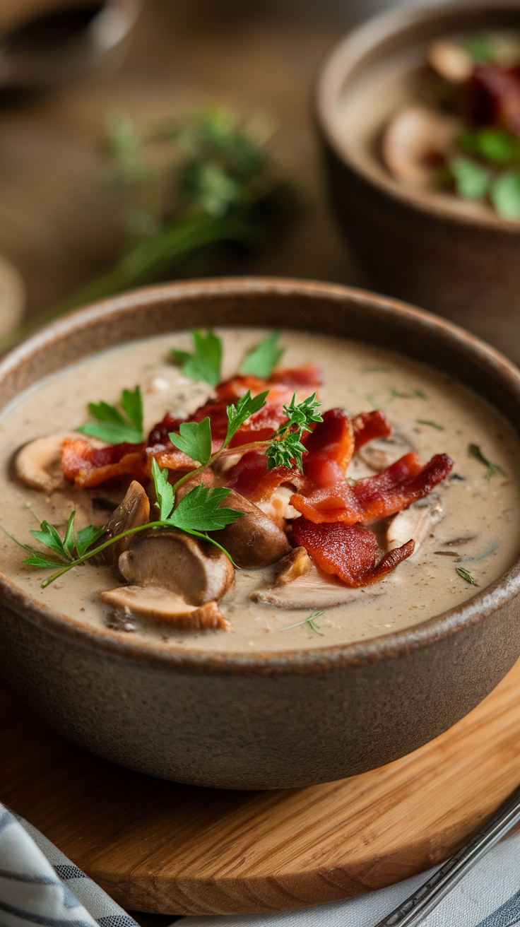 A bowl of creamy mushroom and bacon soup topped with parsley and crispy bacon.