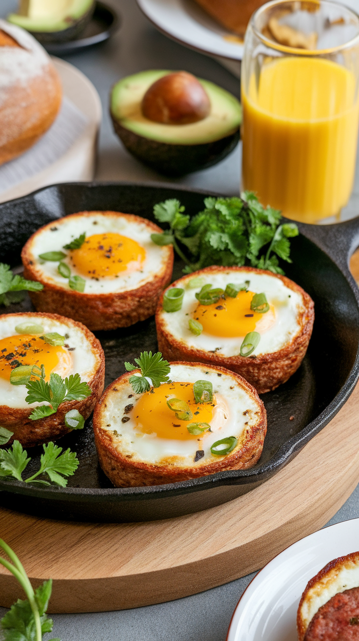 Egg and sausage breakfast cups in a cast iron skillet, garnished with herbs.