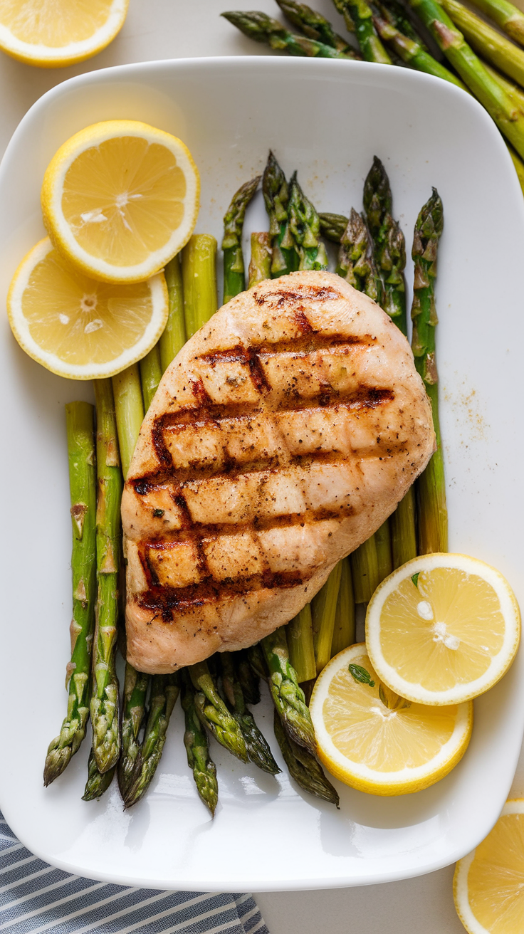 Grilled chicken breast served on a plate with asparagus and lemon slices.