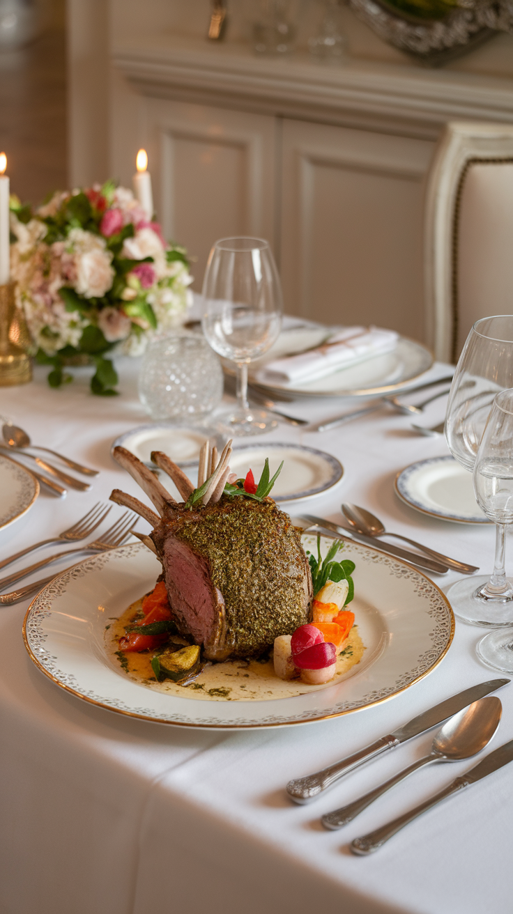 A beautifully plated herb-crusted rack of lamb served with colorful vegetables on a fine dining table.