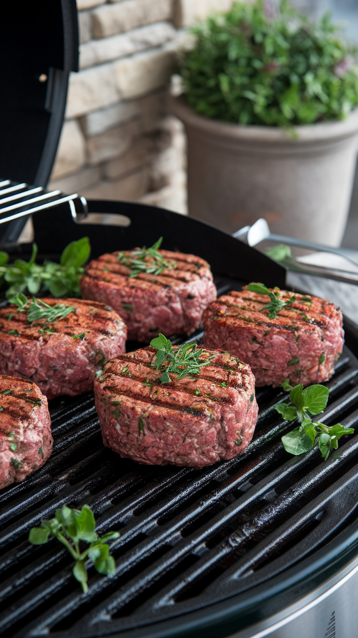 Grilled lamb burgers infused with herbs on a grill.