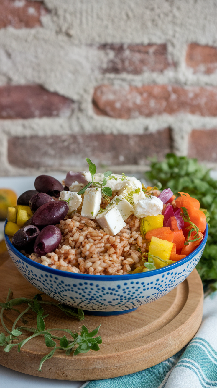 A vibrant Mediterranean grain bowl with rice, olives, fresh vegetables, and feta cheese
