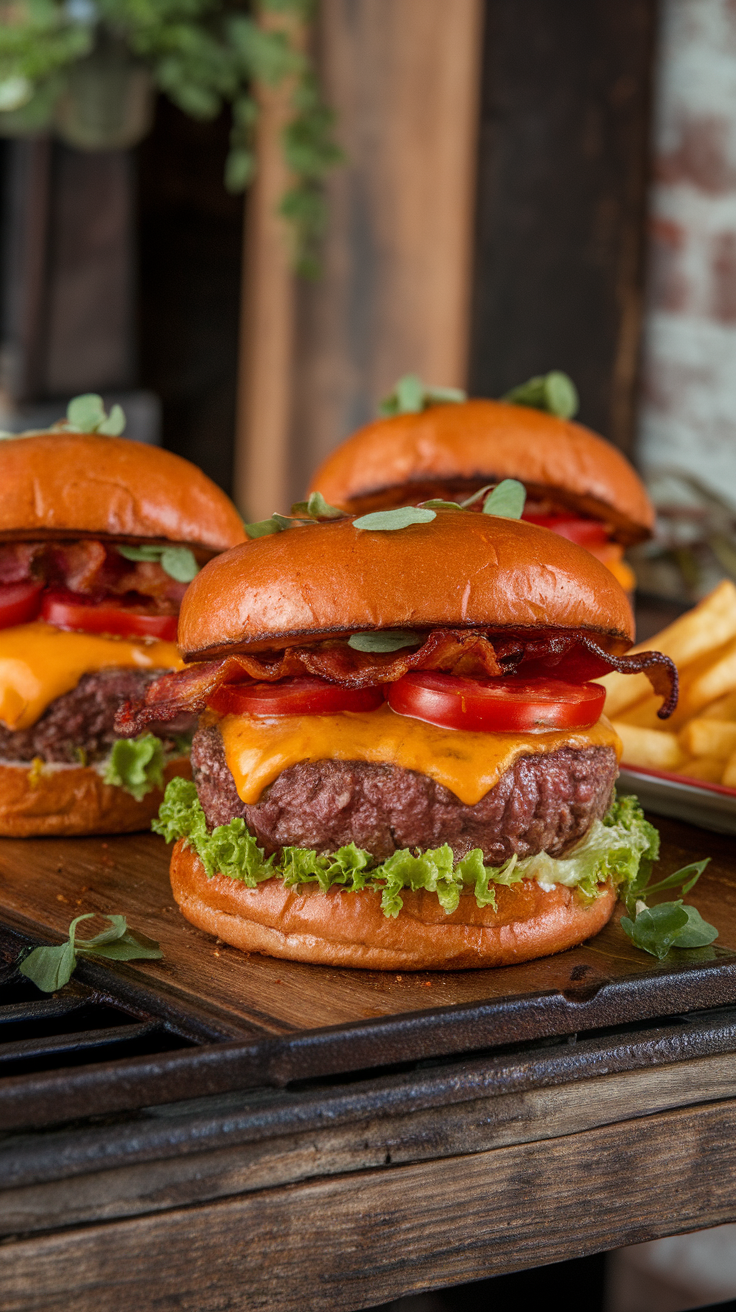 Two bison burgers with bacon, cheese, and tomatoes on a wooden board with fries