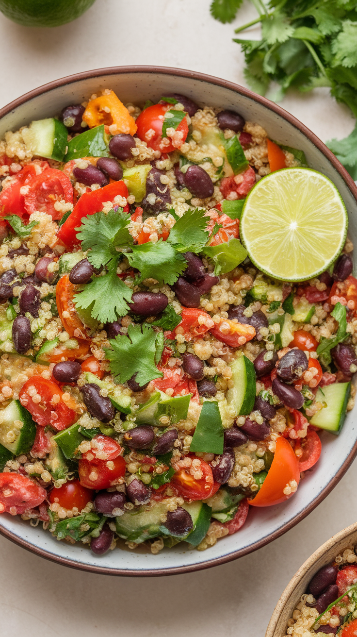A vibrant quinoa and black bean salad with fresh vegetables and lime.