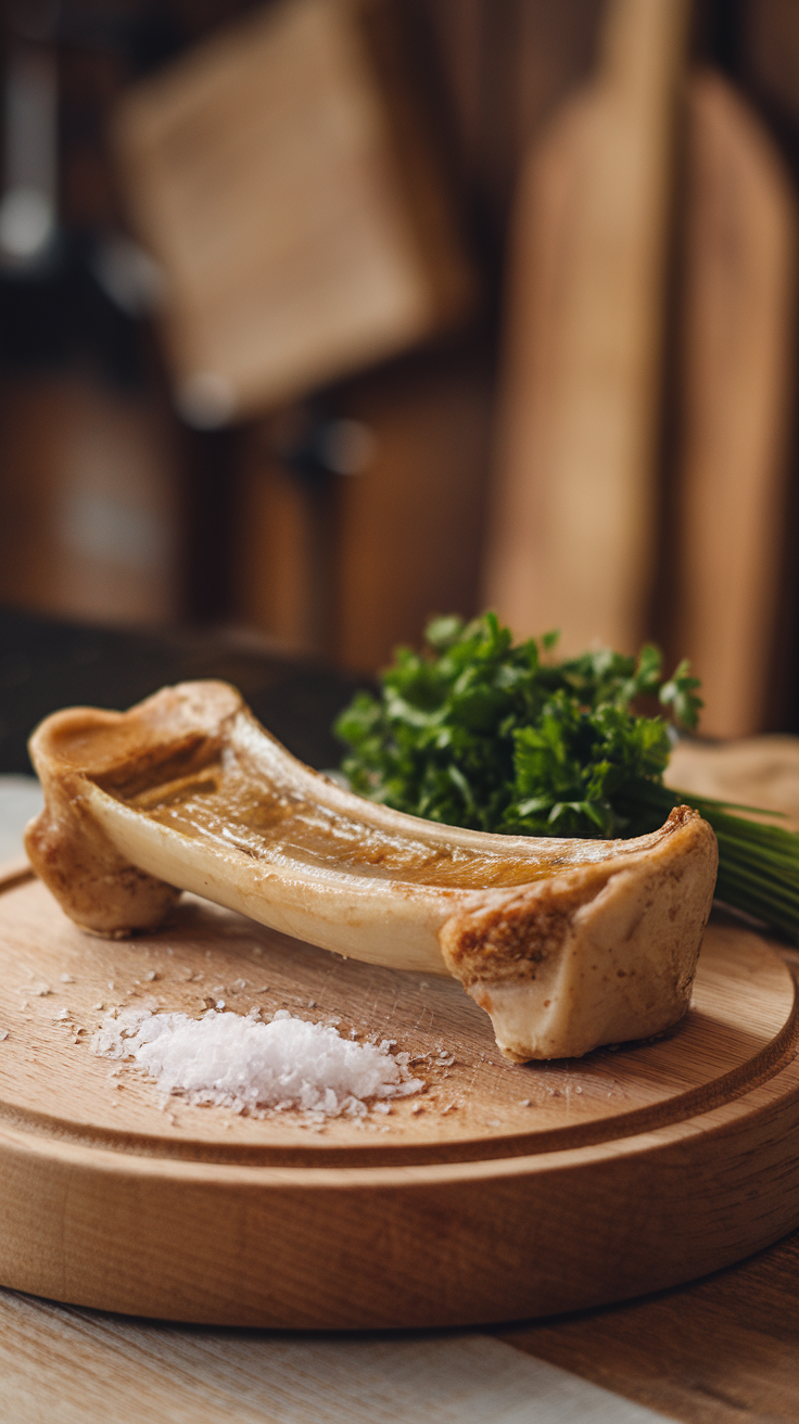 A roasted bone marrow served on a wooden board with sea salt and fresh herbs.