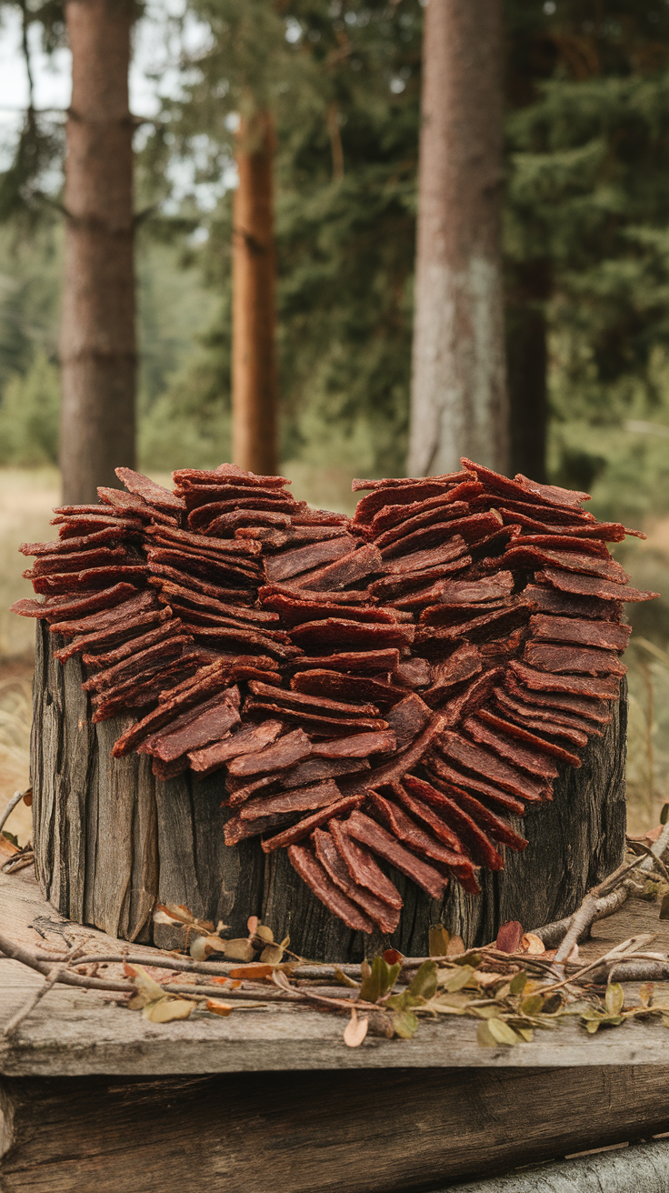 A display of various beef jerky flavors and spices on a wooden table.