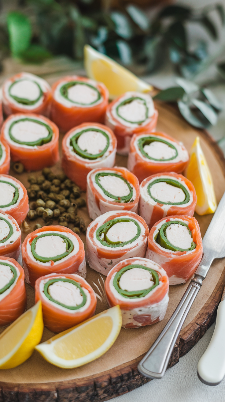 A platter of smoked salmon and cream cheese rolls garnished with lemon slices.
