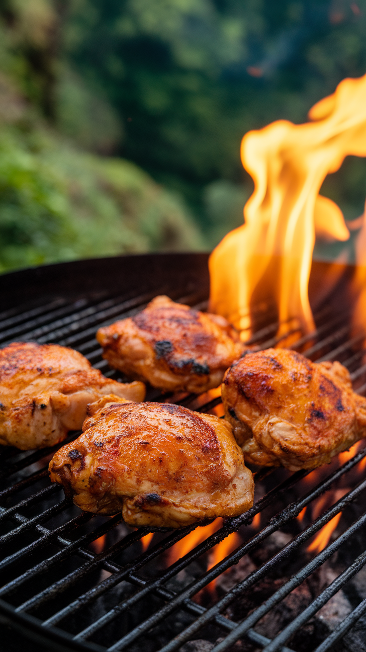 Grilled chicken thighs on a barbecue grill with flames