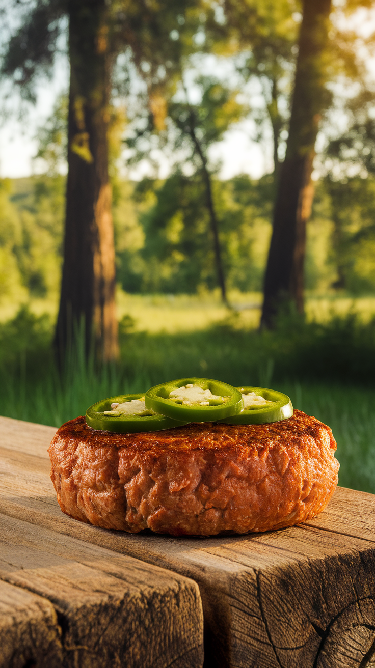 A spicy jalapeño beef burger on a wooden surface with a natural background.