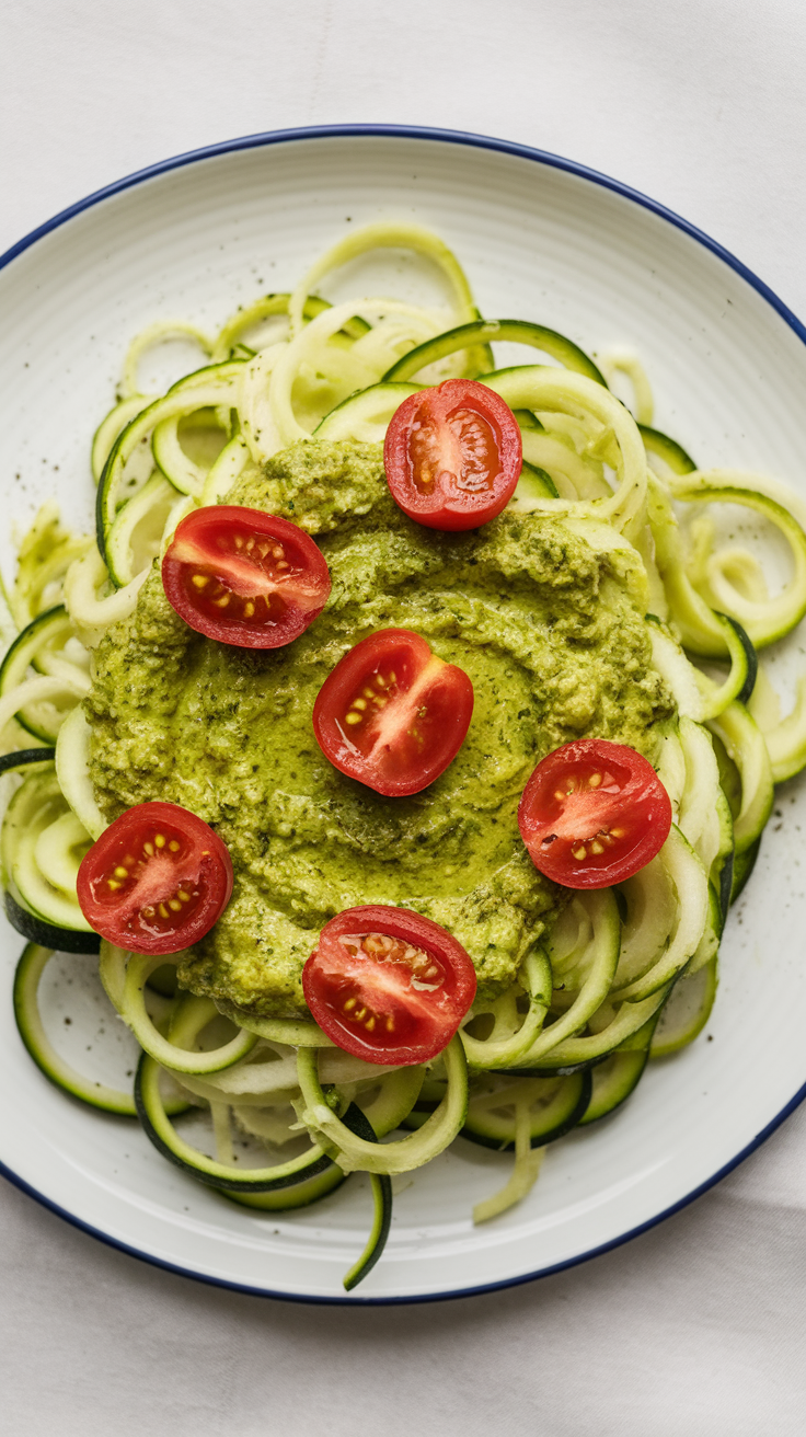 A plate of zucchini noodles topped with pesto and cherry tomato halves