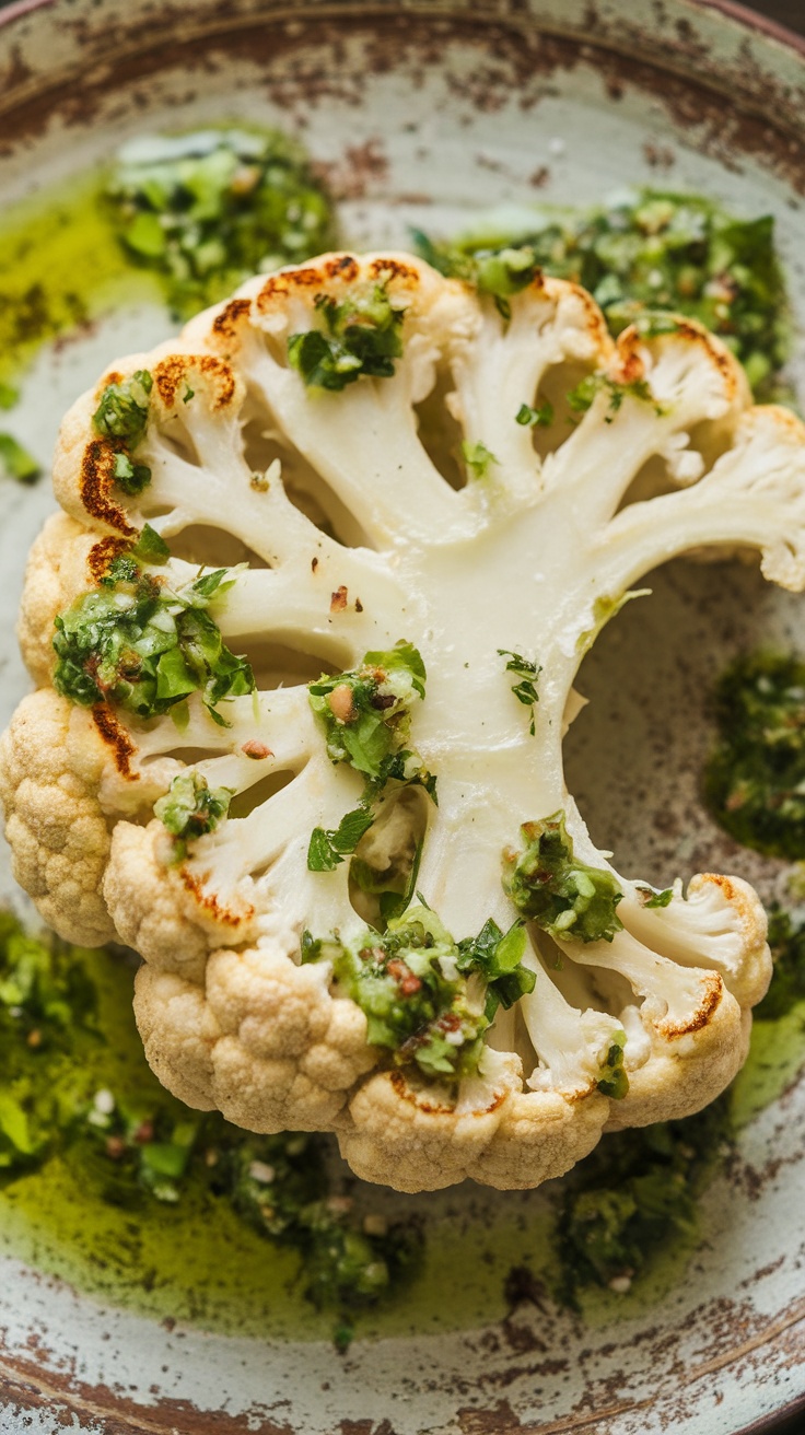 Grilled cauliflower steak topped with chimichurri sauce on a plate