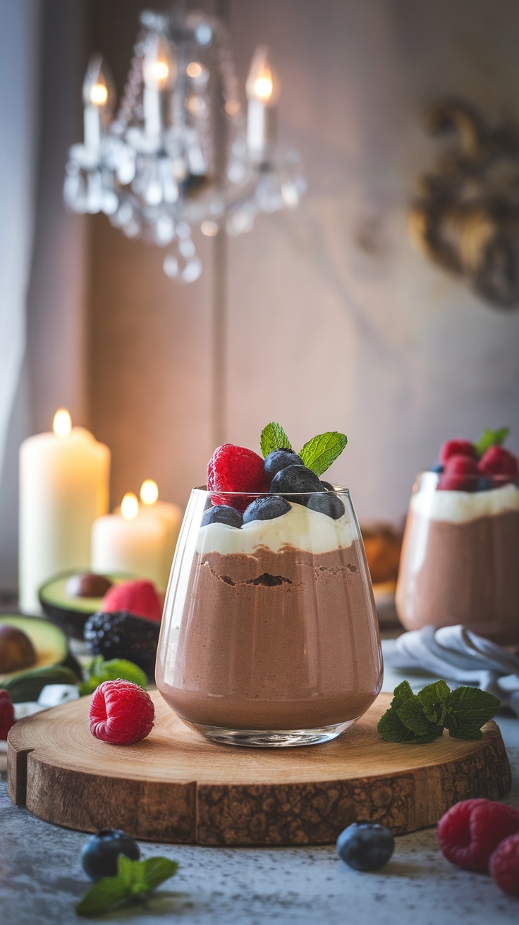 A beautifully presented chocolate avocado mousse topped with fresh berries and mint, sitting on a wooden board with candles in the background.