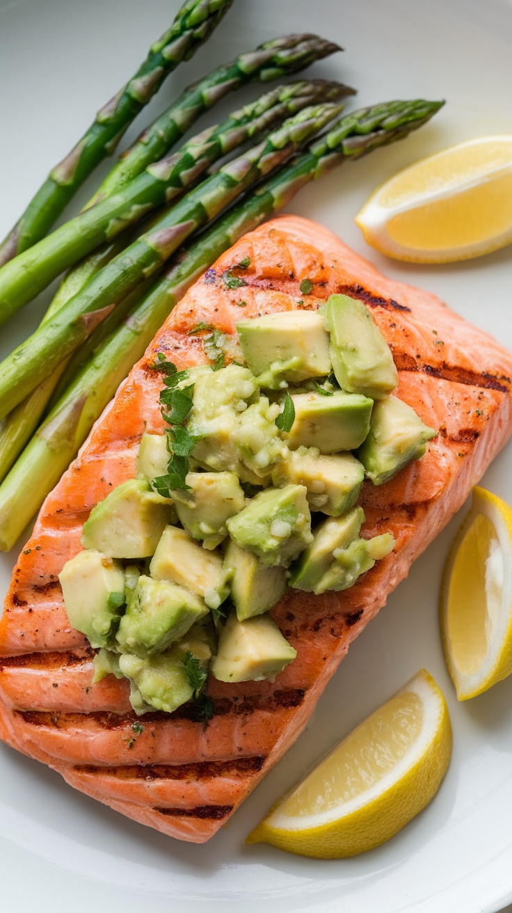 Grilled salmon topped with avocado salsa served with asparagus and lemon slices