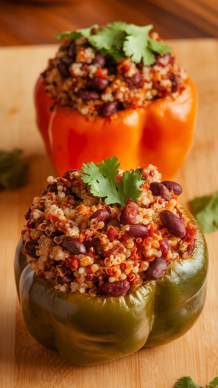 Two stuffed bell peppers with quinoa and black beans topped with cilantro