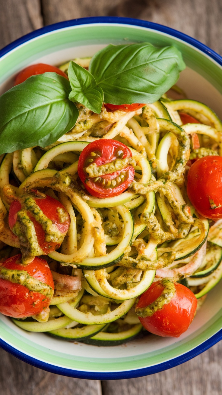 A bowl of zucchini noodles with pesto and cherry tomatoes, garnished with fresh basil.